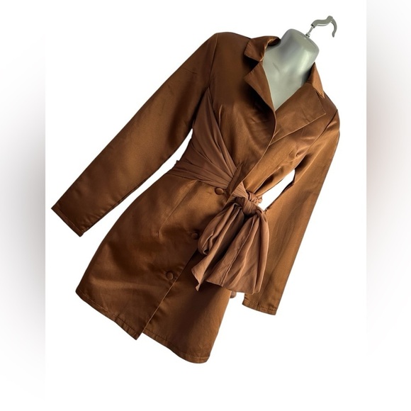 PRETTY LITTLE THING Chocolate Satin Chiffon Drape Blazer Dress • Size: 4 • NWT - Picture 3 of 12